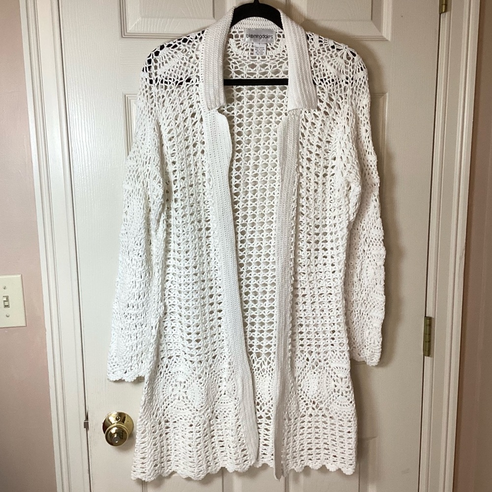Bloomingdale's White Crochet Open Front Cardigan - L